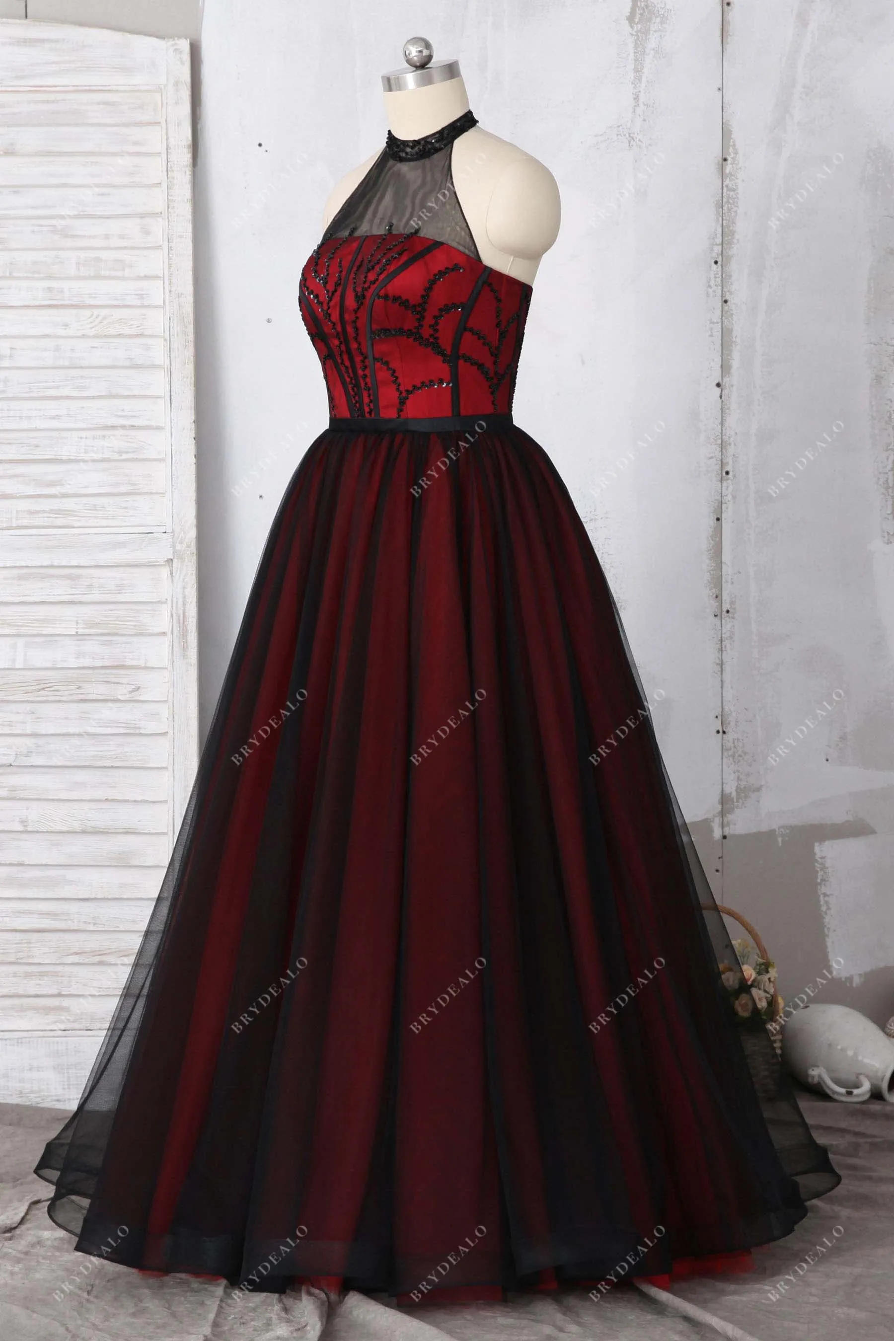 Black Beaded Tulle Overlay Red Underneath Prom Gown