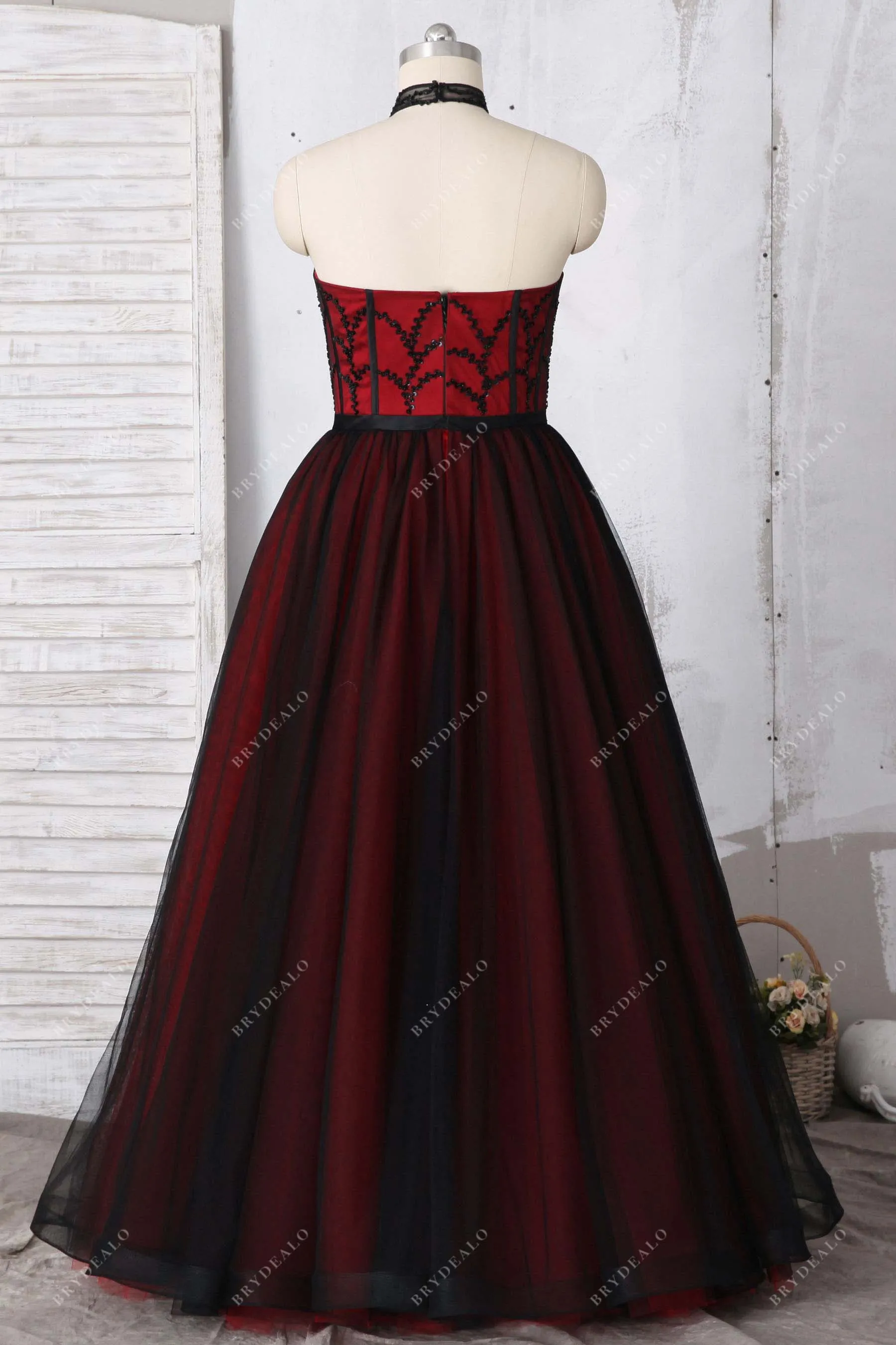 Black Beaded Tulle Overlay Red Underneath Prom Gown