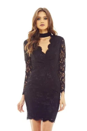 Black  Bodycon Dress with Lace Choker Detail