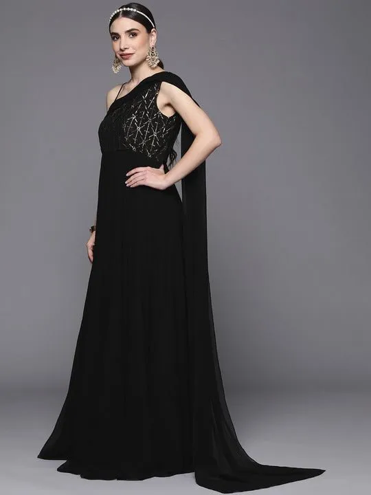 Black Embellished One Shoulder Georgette Maxi Dress