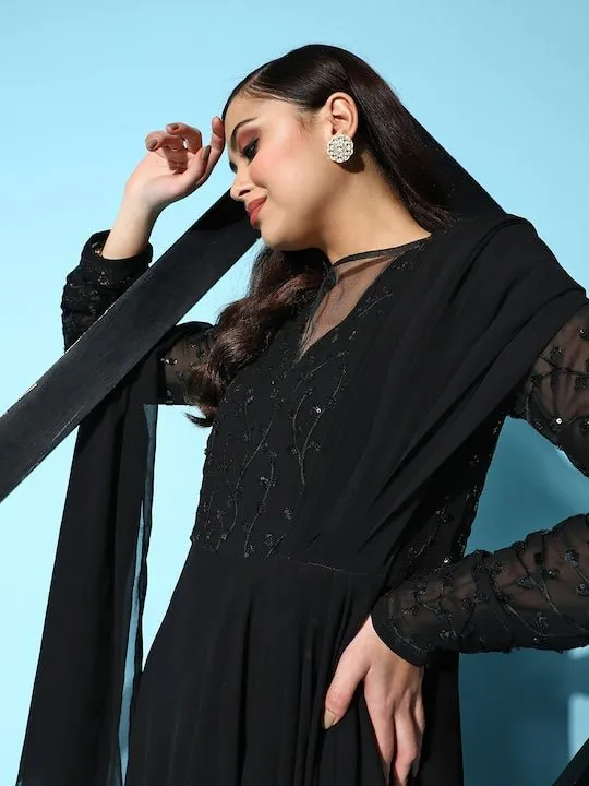 Black Floral Embroidered Georgette Ethnic Gown With Dupatta