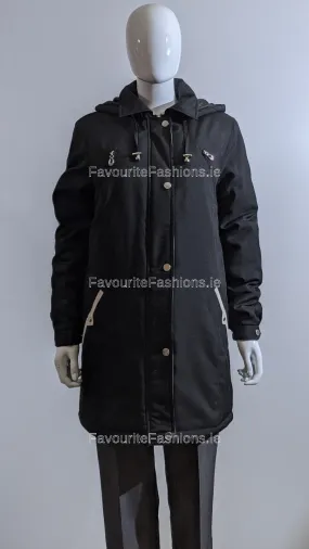 Black Hooded Cream Pocket Trim Long Coat