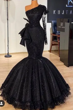 Black Long Mermaid One Shoulder Sequins Prom Dress with Sleeves