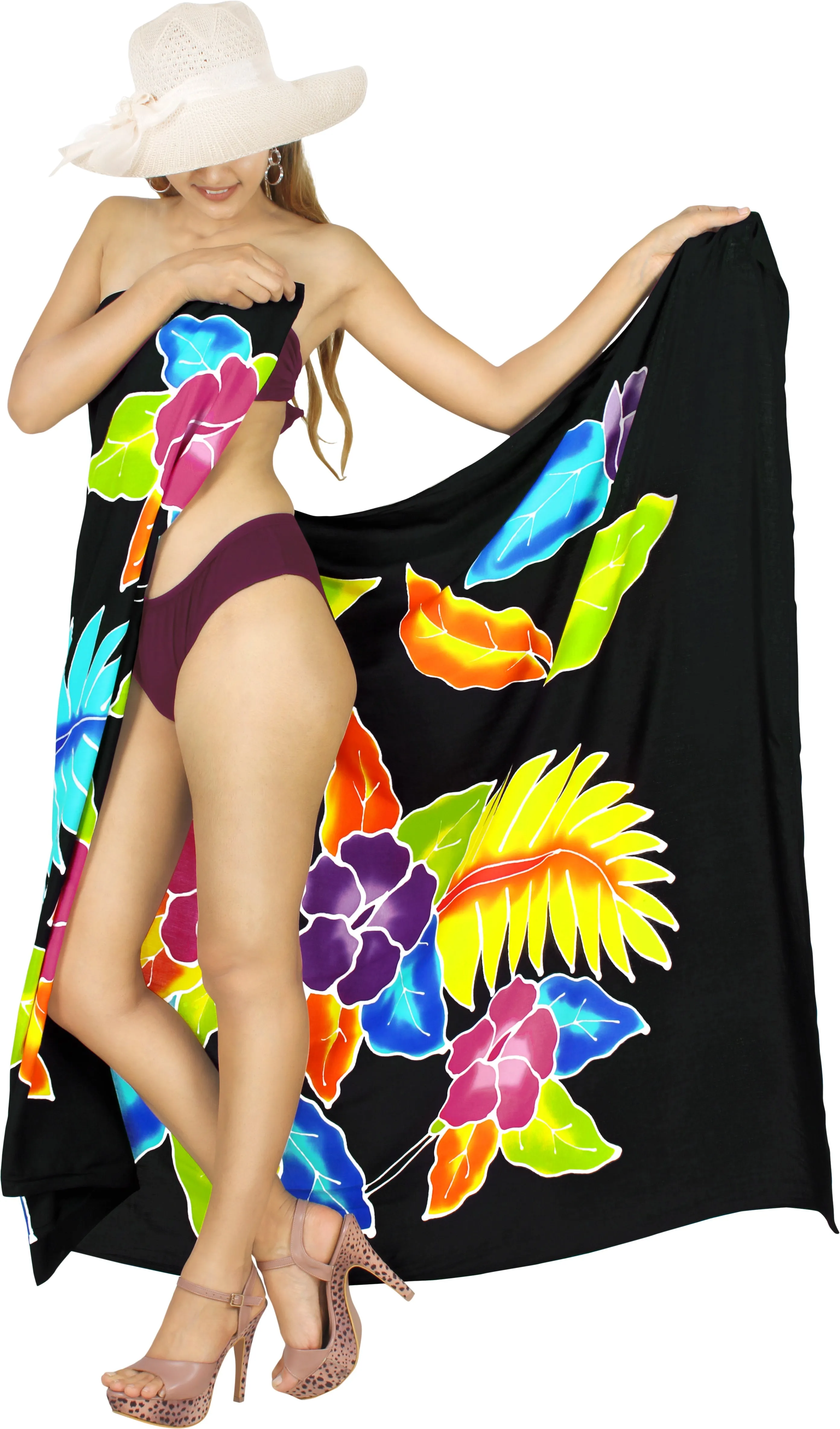 Black Non-Sheer Hand Painted Mutlicolor Floral and Leaves Beach Wrap For Women