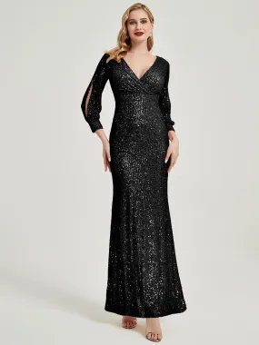 Black Sequin V-Neck Long Sleeve Maxi Formal Mermaid Evening Dress