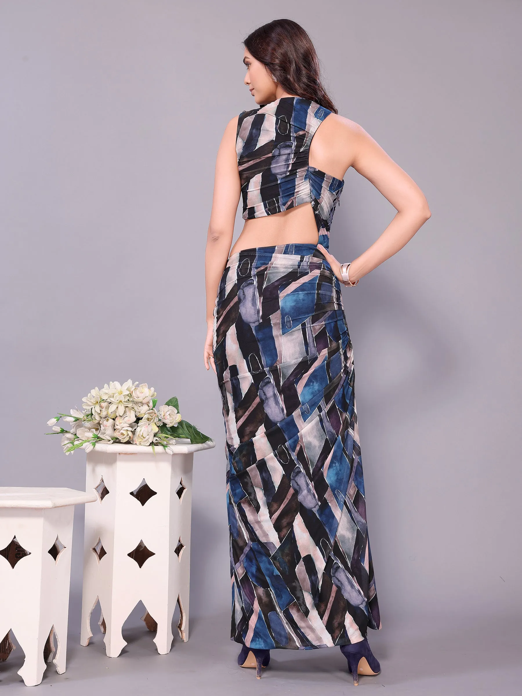 Blue Abstract Print Asymmetry Dress