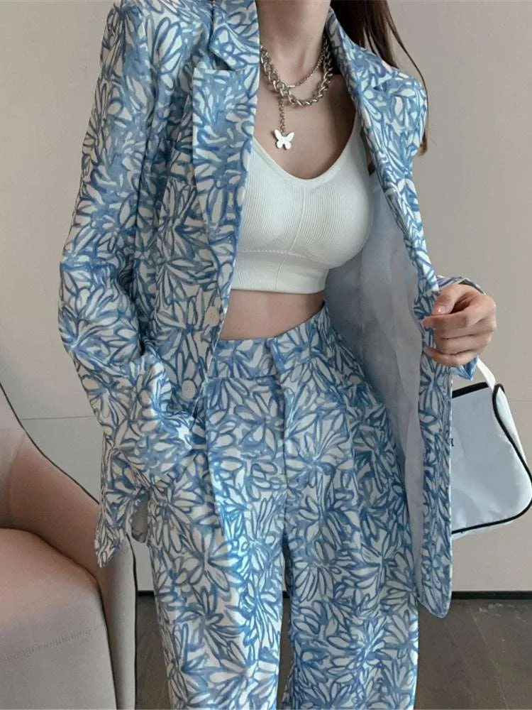 Blue Flower Chic Blazer Pants Two Piece Set