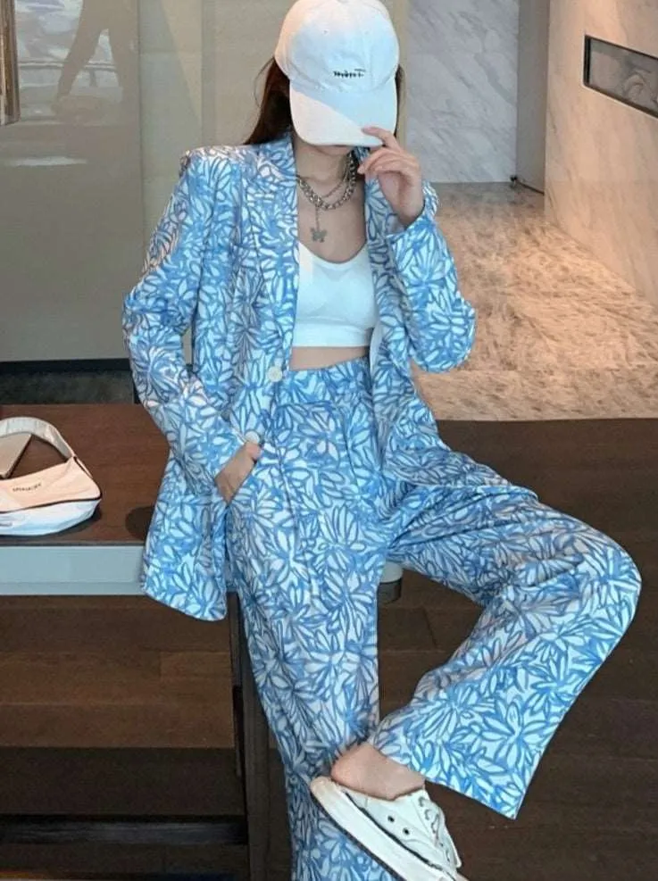 Blue Flower Chic Blazer Pants Two Piece Set