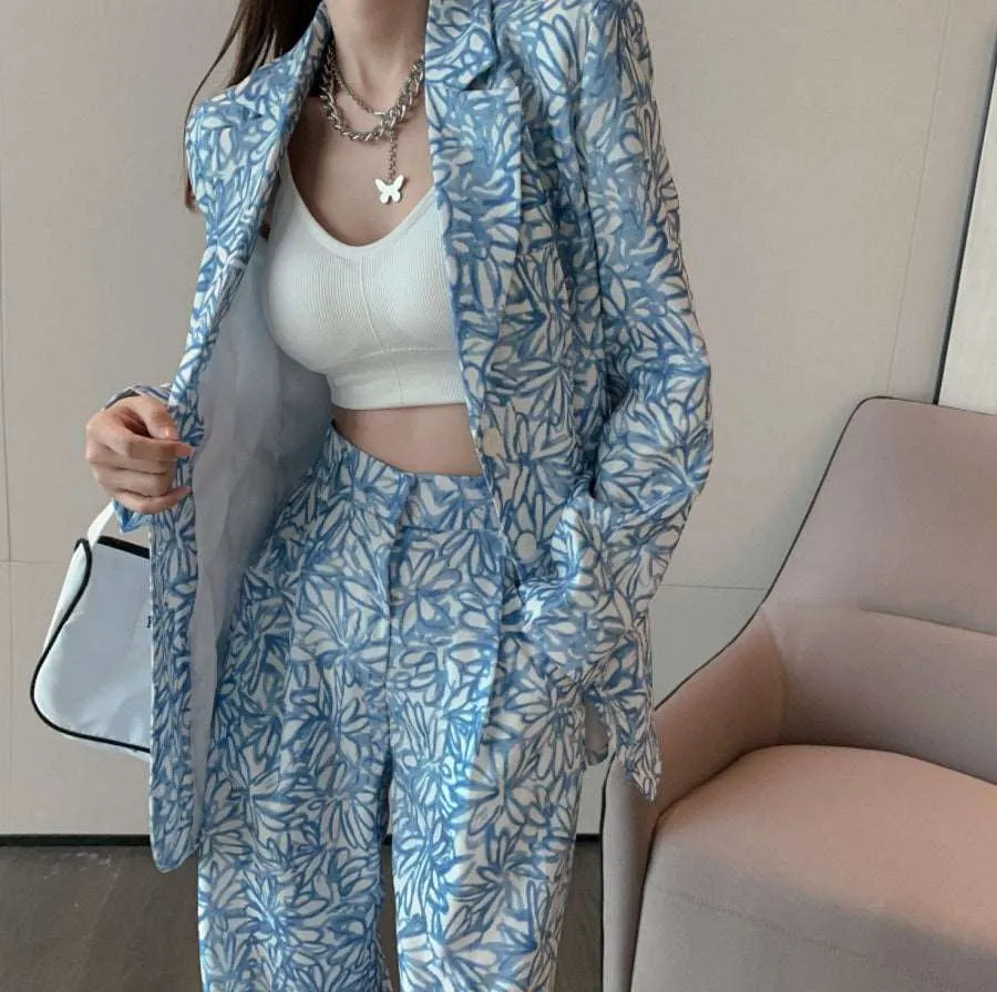 Blue Flower Chic Blazer Pants Two Piece Set