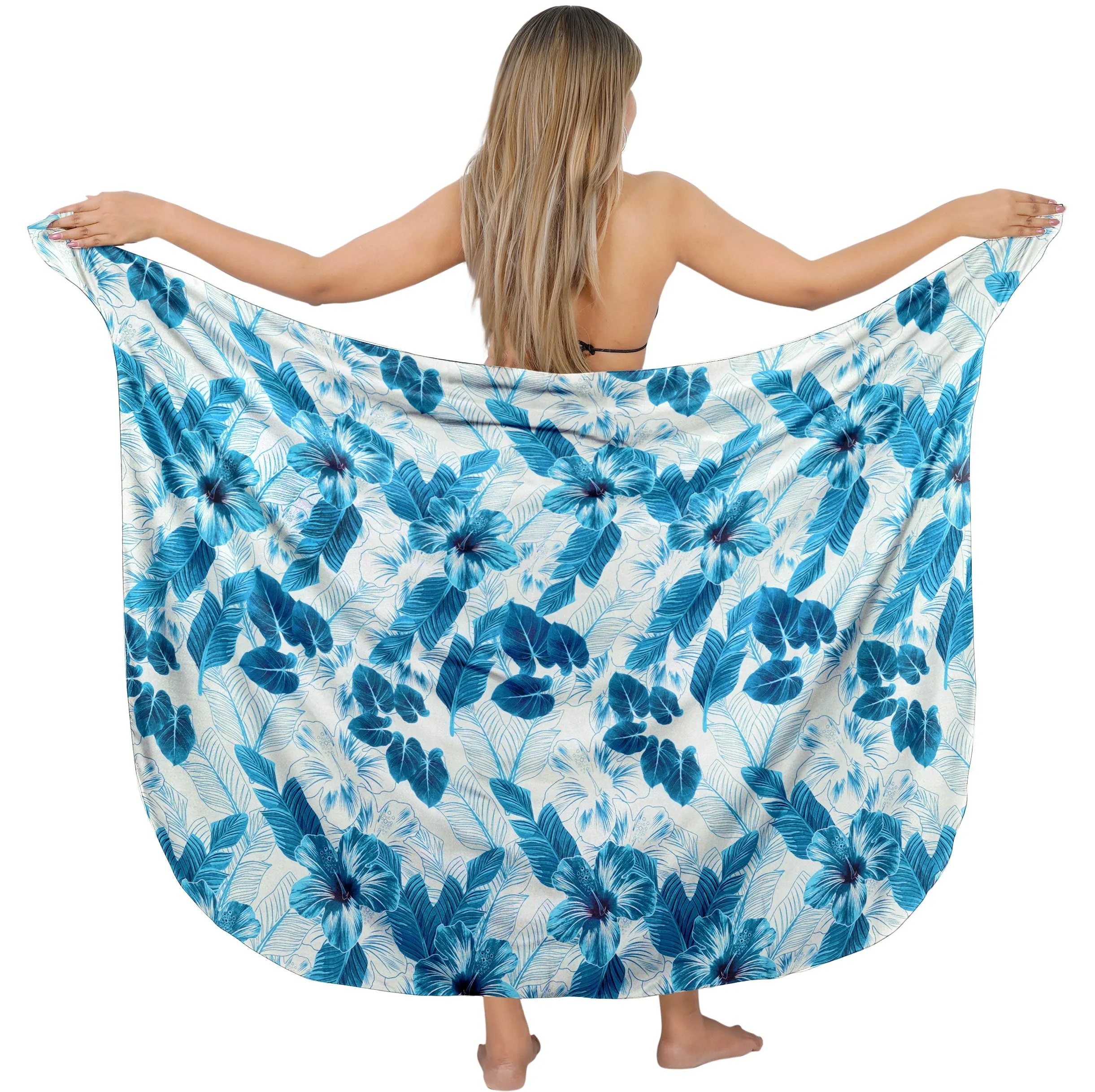 Blue Heaven Bloom Non-Sheer Allover Hibiscus Flower and Leaves Beach Wrap For Women