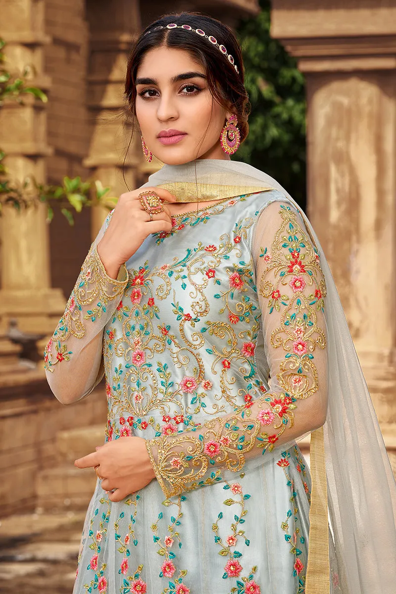 Bluish Grey Heavy Butterfly Net Beautiful Anarkali Suit