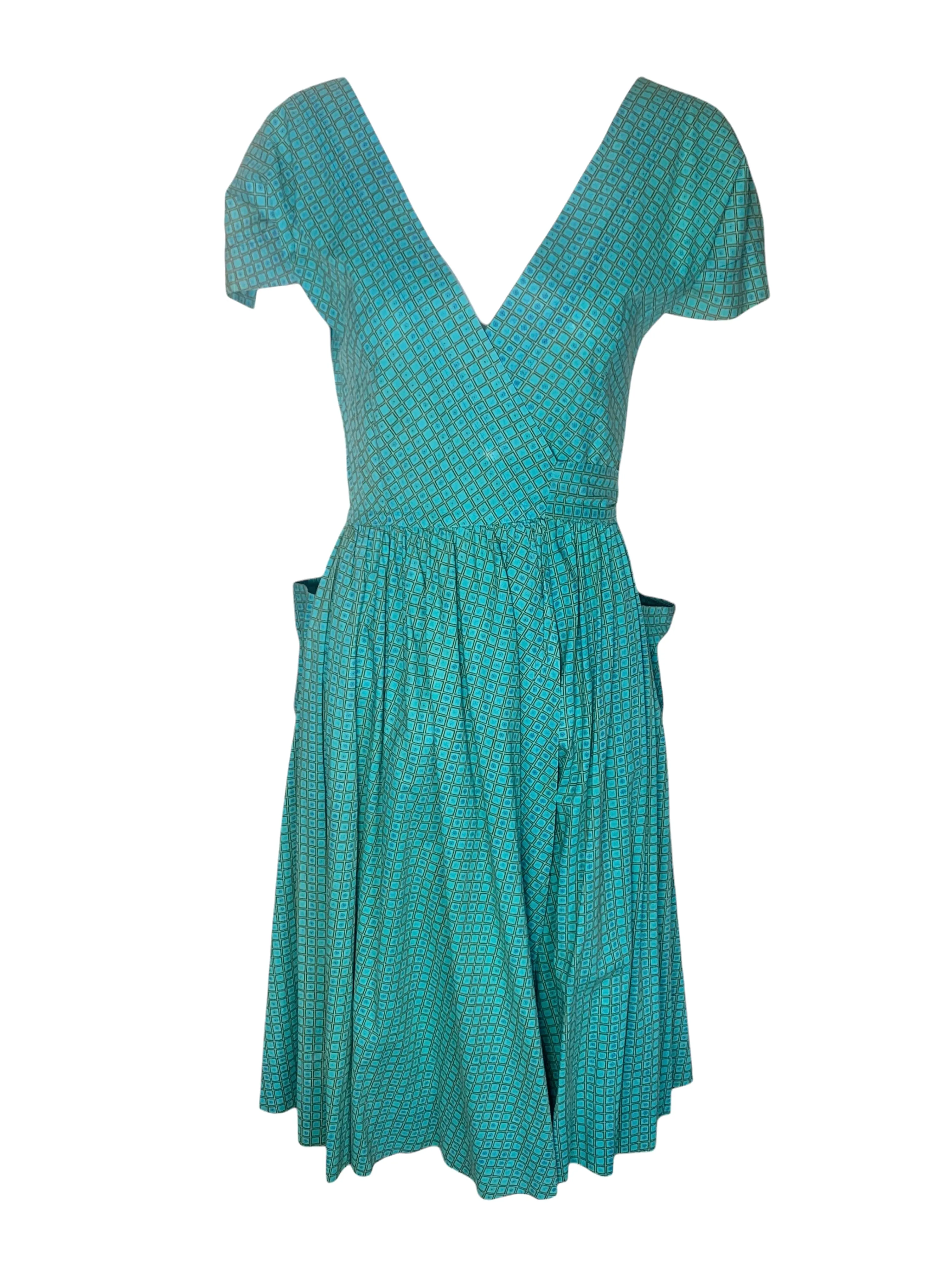 Bonnie Cashin 1940's Teal Blue Ditsy Floral Grid Print Wrap Dress