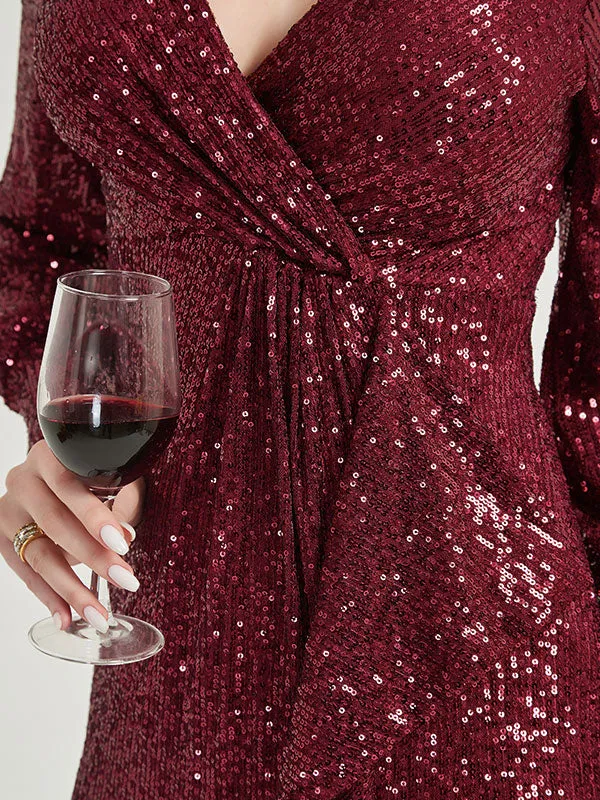 Burgundy Sequin Long Sleeves Maxi Mermaid Evening Dress With Slit