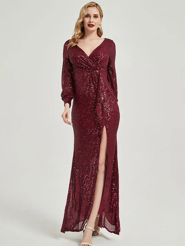 Burgundy Sequin Long Sleeves Maxi Mermaid Evening Dress With Slit