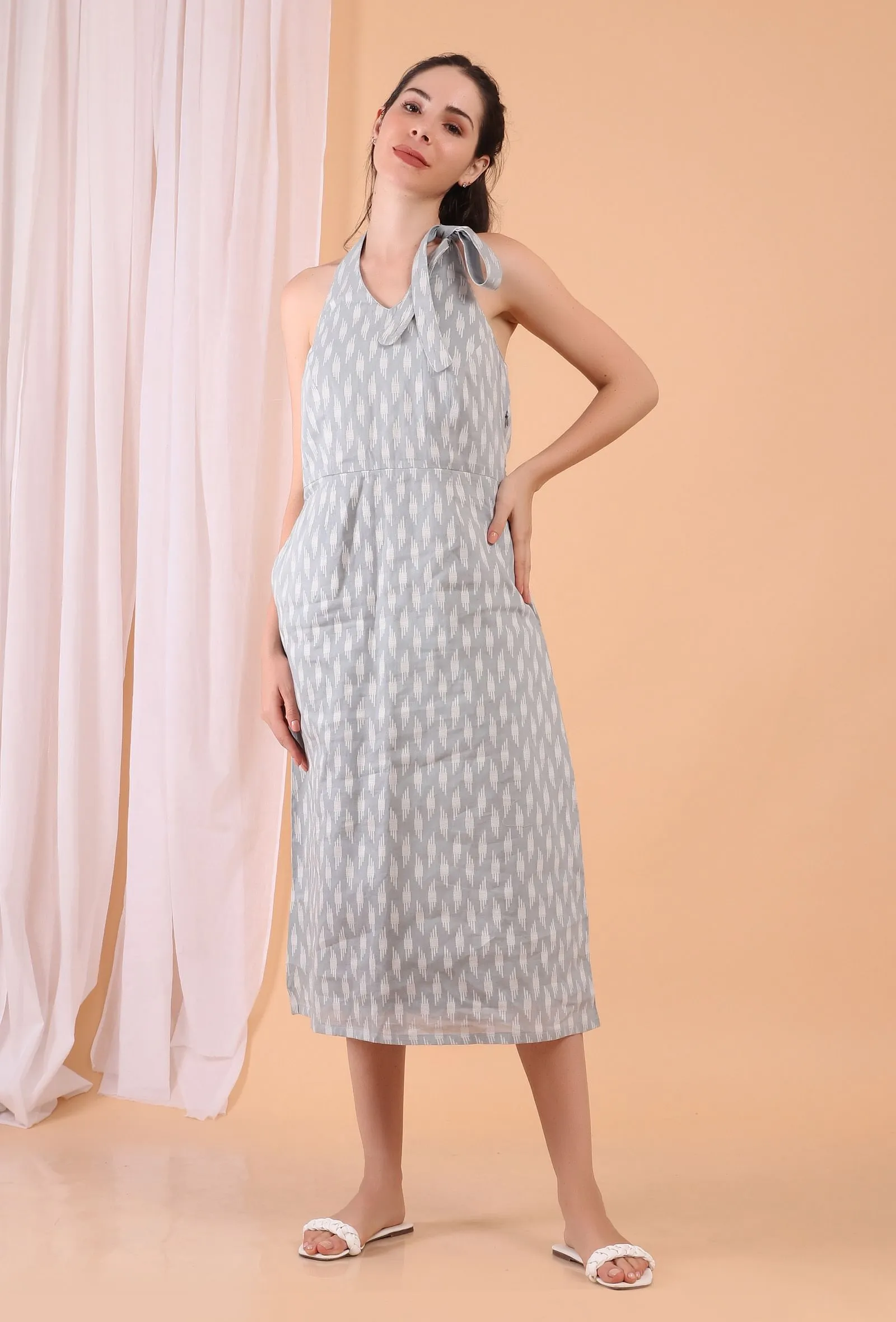 Cadet Blue Backless Midi Cotton Dress