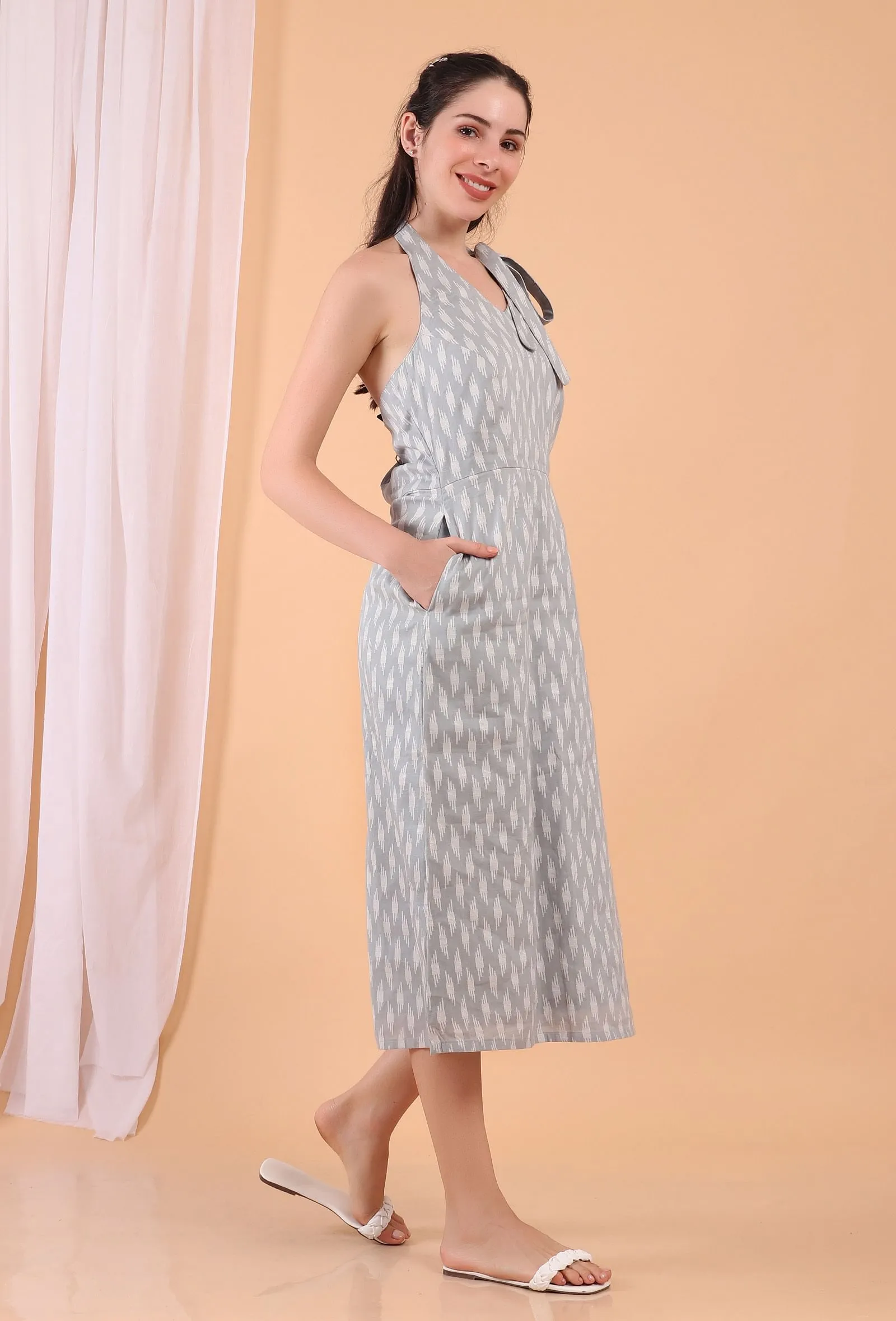 Cadet Blue Backless Midi Cotton Dress