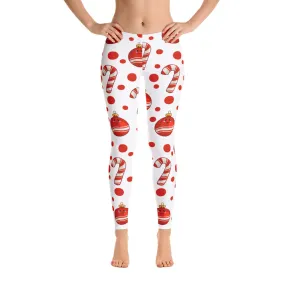 Candy Cane Christmas Leggings, White Red Sugar Cane Elf Printed Winter Holiday Ornaments Kids Mommy and Me Yoga Pants