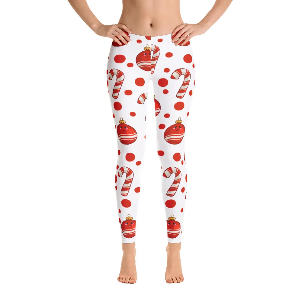 Candy Cane Christmas Leggings, White Red Sugar Cane Elf Printed Winter Holiday Ornaments Kids Mommy and Me Yoga Pants