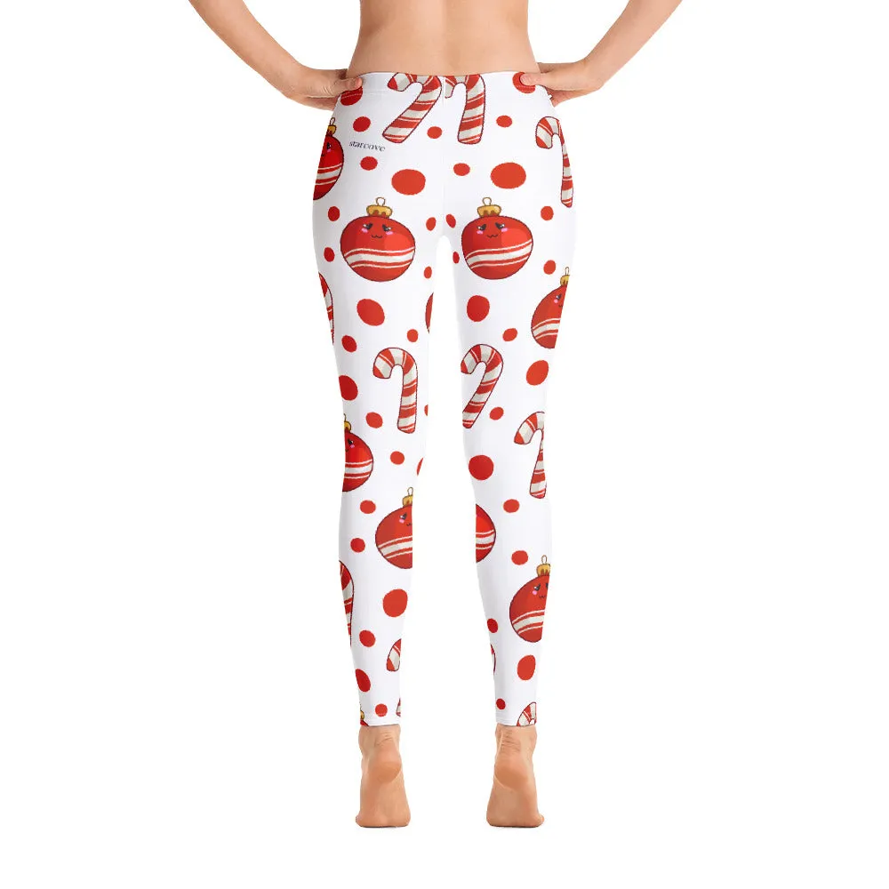 Candy Cane Christmas Leggings, White Red Sugar Cane Elf Printed Winter Holiday Ornaments Kids Mommy and Me Yoga Pants