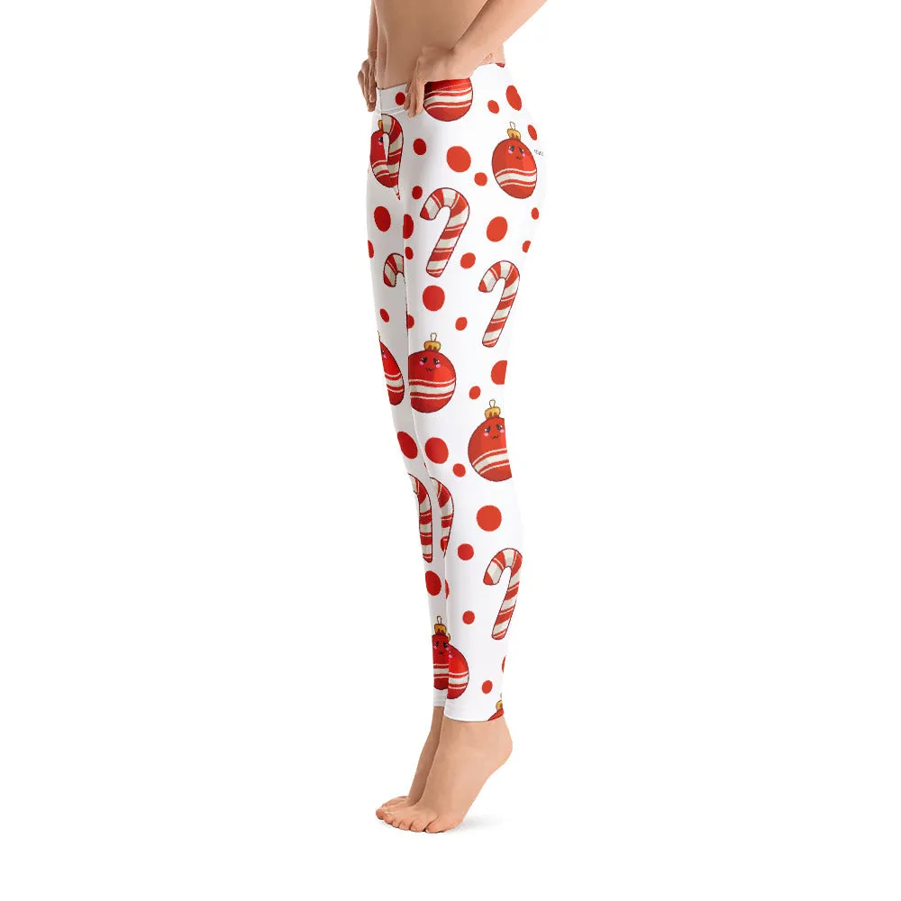 Candy Cane Christmas Leggings, White Red Sugar Cane Elf Printed Winter Holiday Ornaments Kids Mommy and Me Yoga Pants