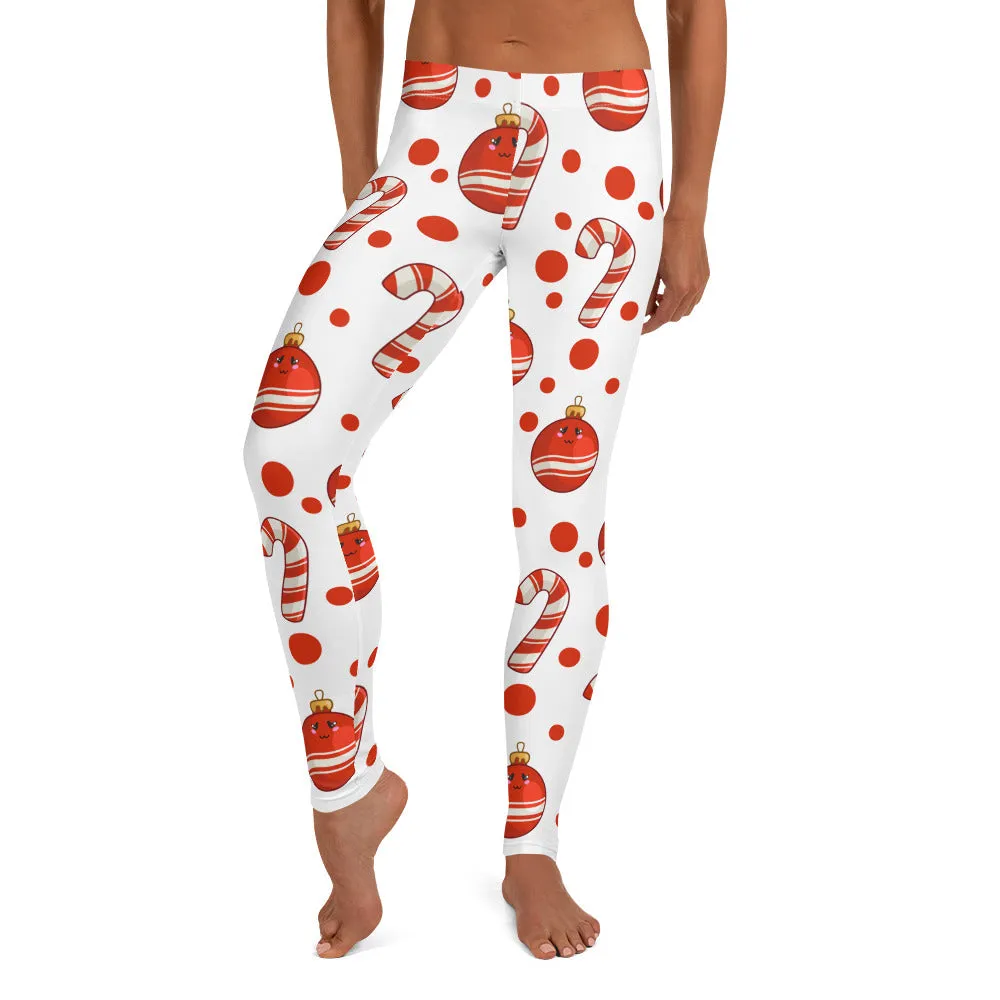 Candy Cane Christmas Leggings, White Red Sugar Cane Elf Printed Winter Holiday Ornaments Kids Mommy and Me Yoga Pants