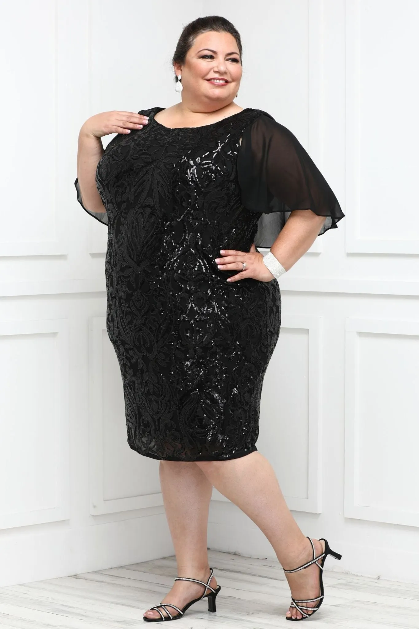 Capelet-Sleeved Plus Size Cocktail Dress with Ornate Embellishments