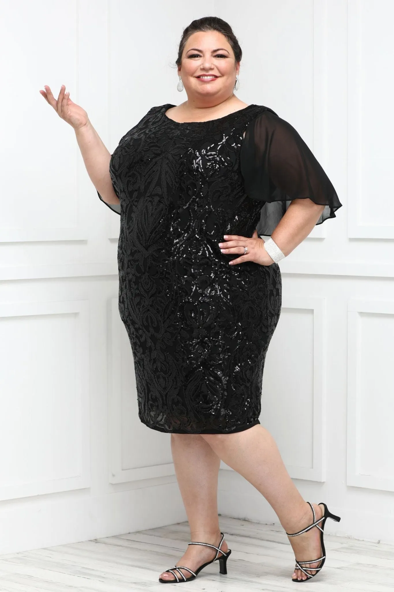 Capelet-Sleeved Plus Size Cocktail Dress with Ornate Embellishments