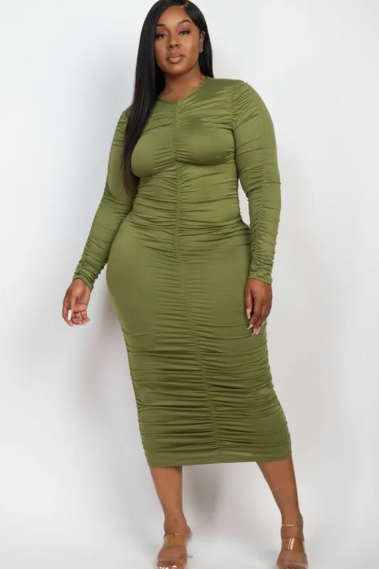 CAPELLA Curvy Plus Size Ruched Long Sleeve Midi Dress