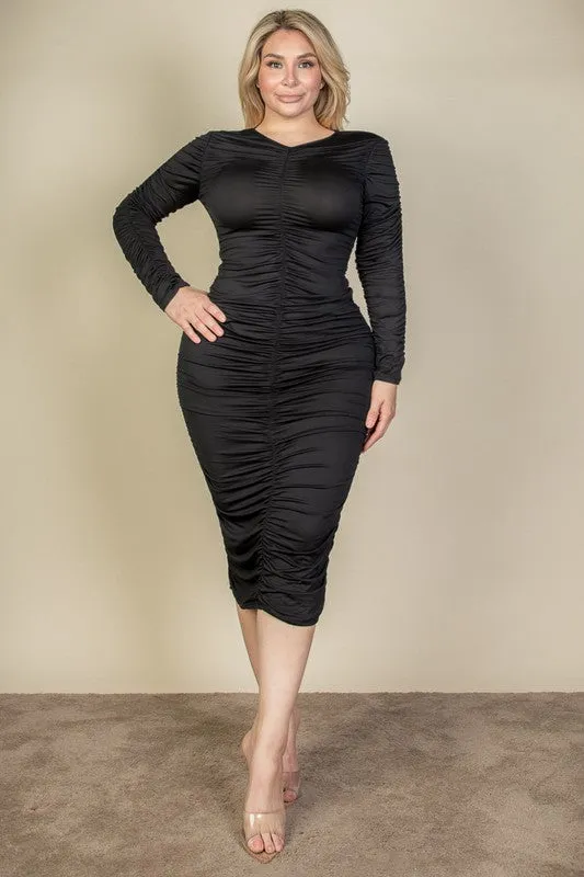 CAPELLA Curvy Plus Size Ruched Long Sleeve Midi Dress