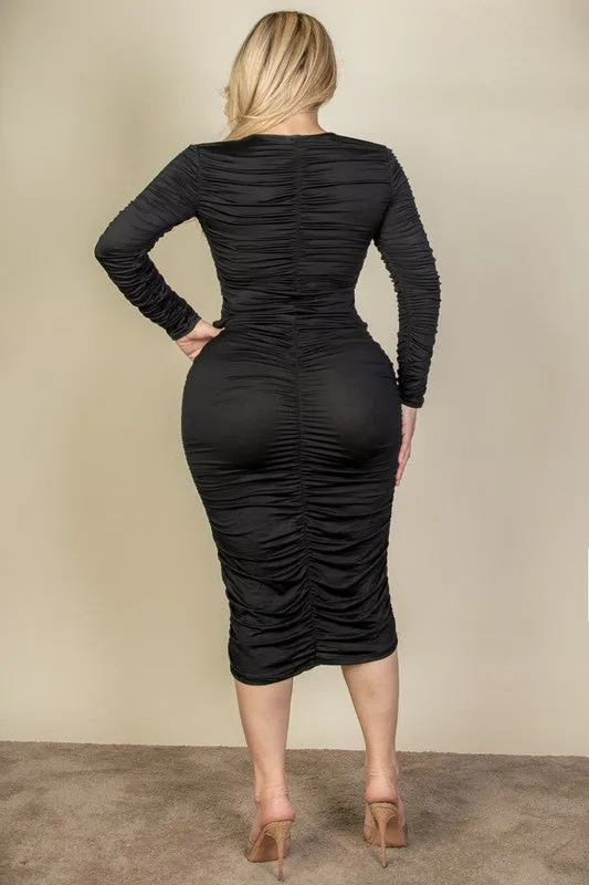 CAPELLA Curvy Plus Size Ruched Long Sleeve Midi Dress