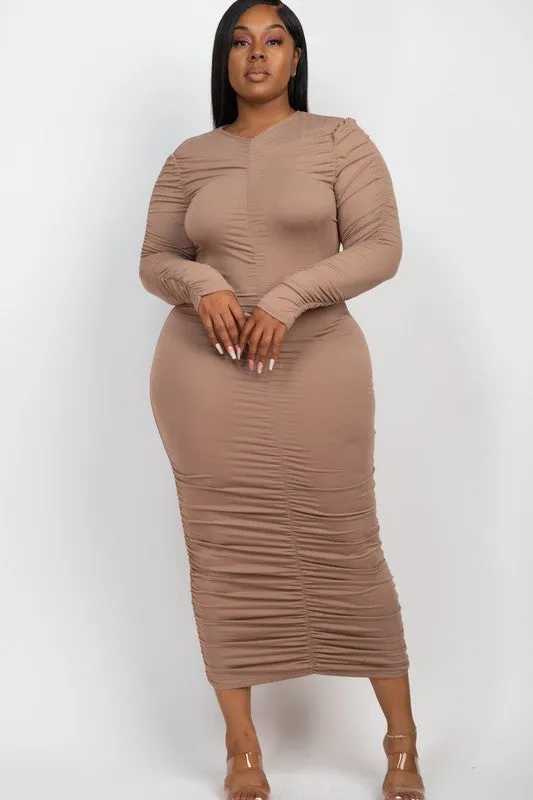 CAPELLA Curvy Plus Size Ruched Long Sleeve Midi Dress