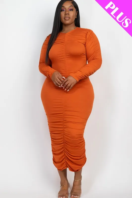 CAPELLA Curvy Plus Size Ruched Long Sleeve Midi Dress