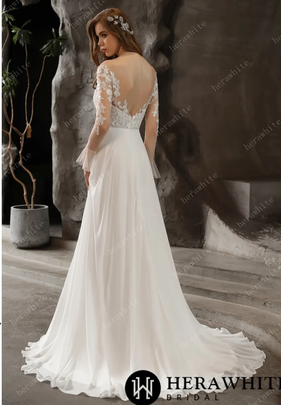 Chiffon Illusion Lace Bridal Dress with Dreamy A-line Skirt