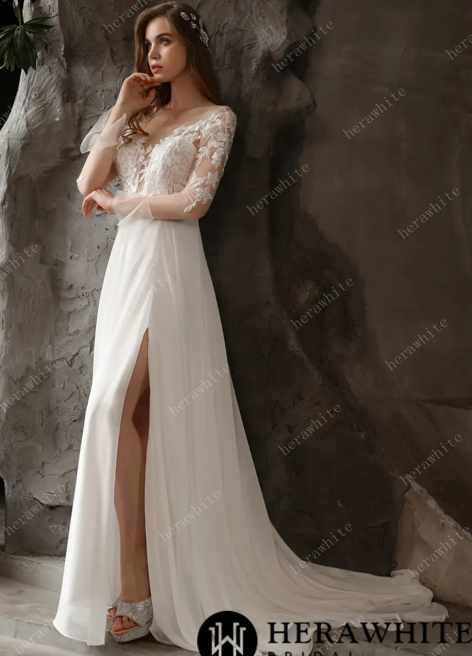 Chiffon Illusion Lace Bridal Dress with Dreamy A-line Skirt