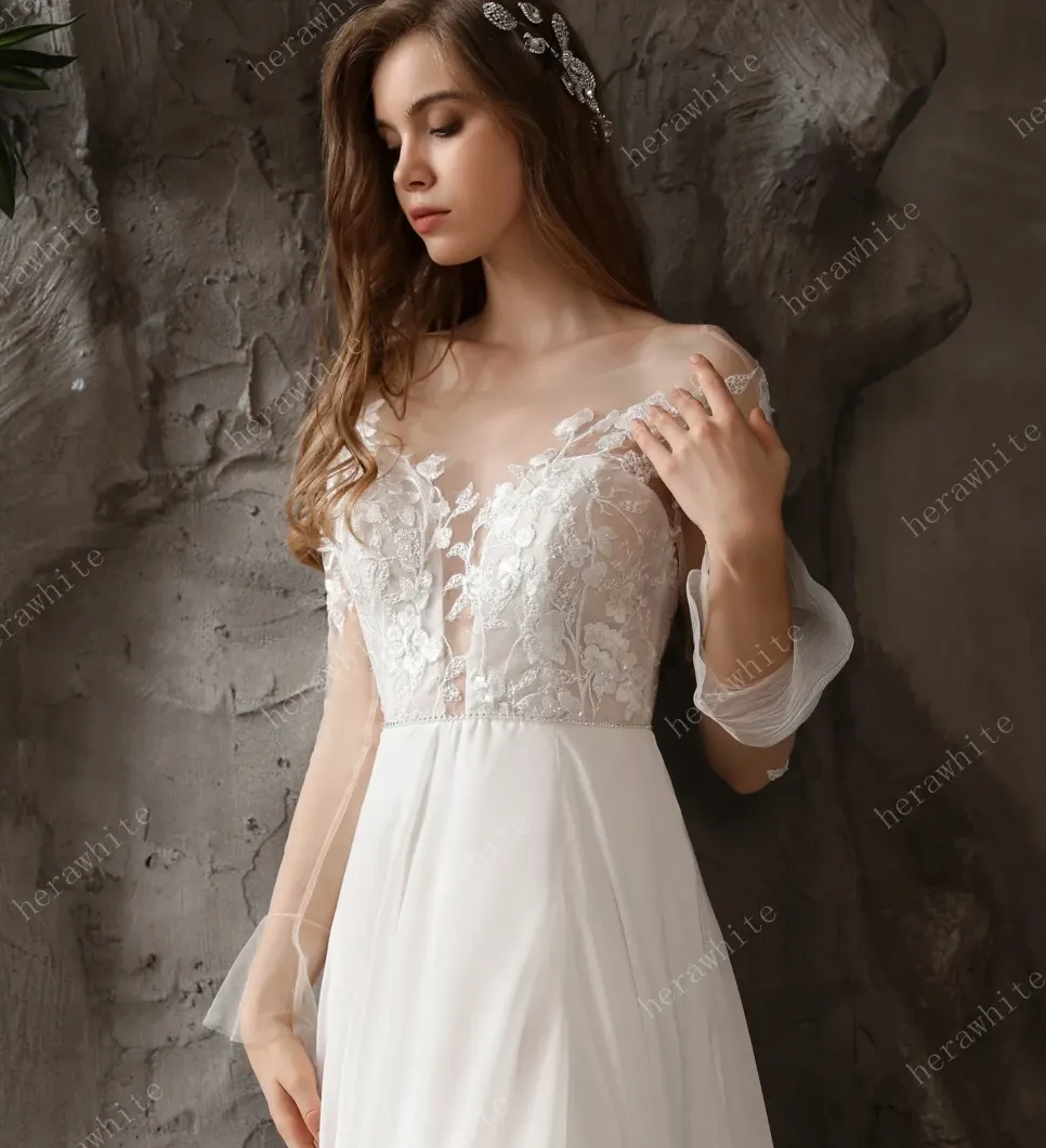 Chiffon Illusion Lace Bridal Dress with Dreamy A-line Skirt