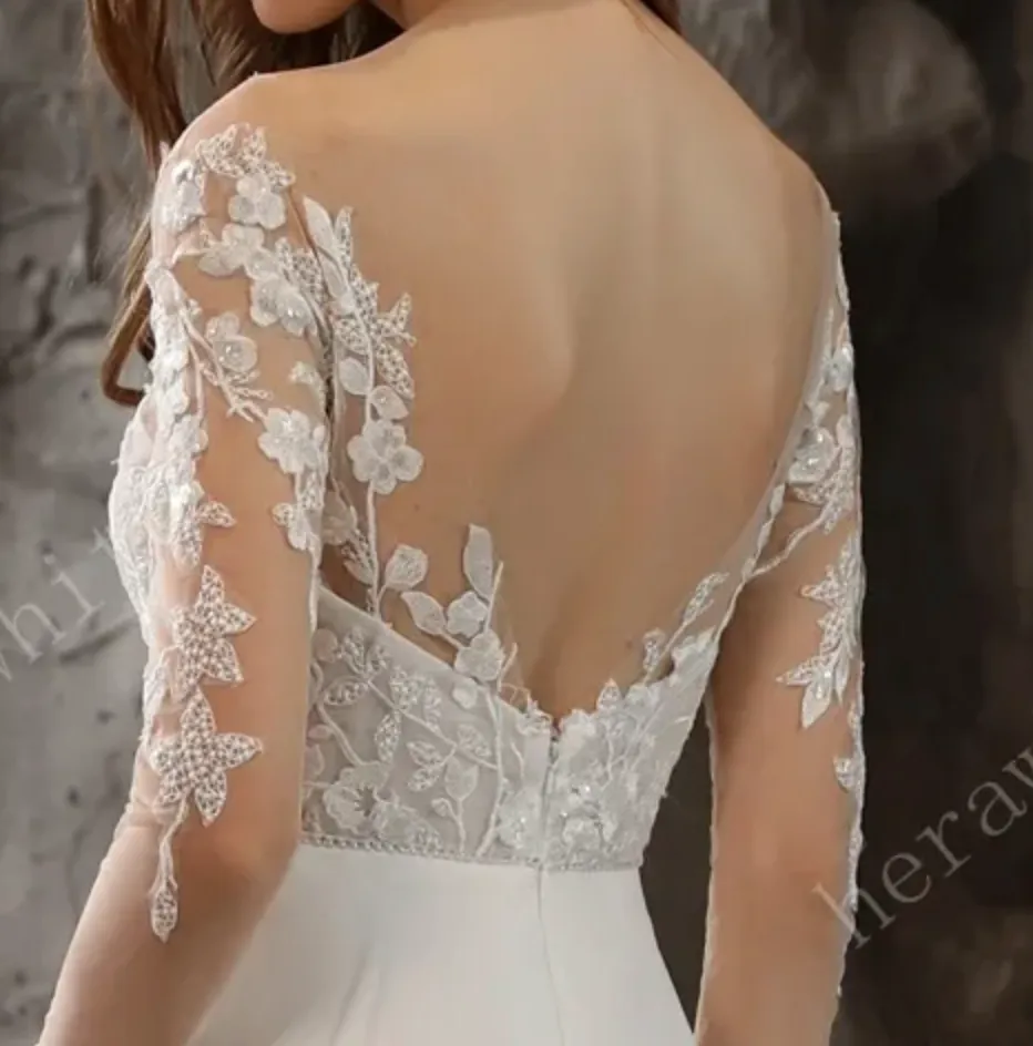 Chiffon Illusion Lace Bridal Dress with Dreamy A-line Skirt