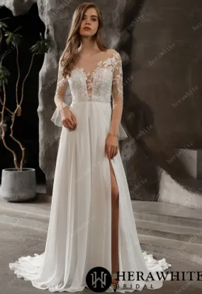 Chiffon Illusion Lace Bridal Dress with Dreamy A-line Skirt