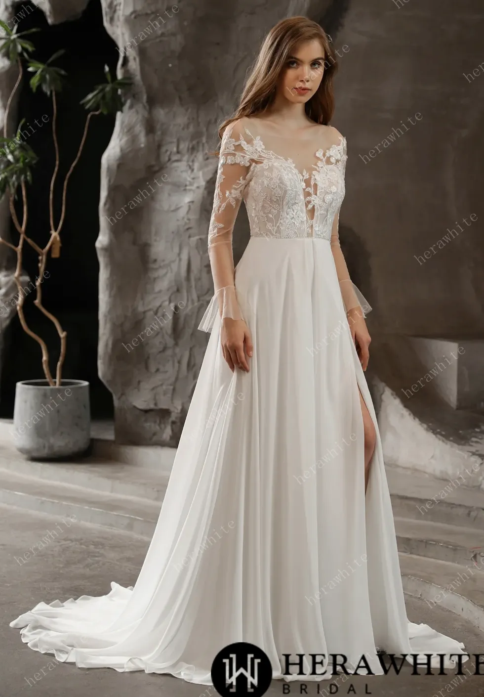 Chiffon Illusion Lace Bridal Dress with Dreamy A-line Skirt