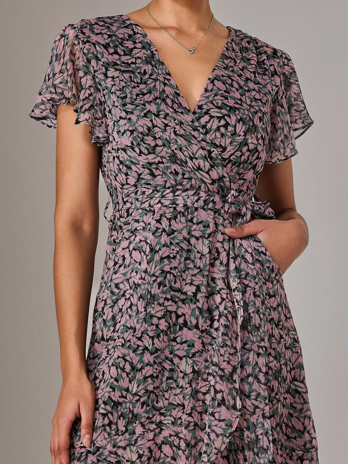 Chiffon Wrap Midi Dress, Pink Pattern