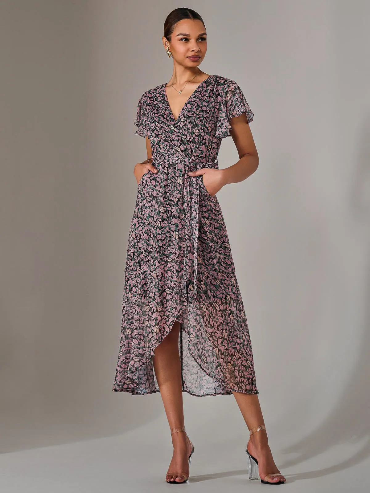 Chiffon Wrap Midi Dress, Pink Pattern