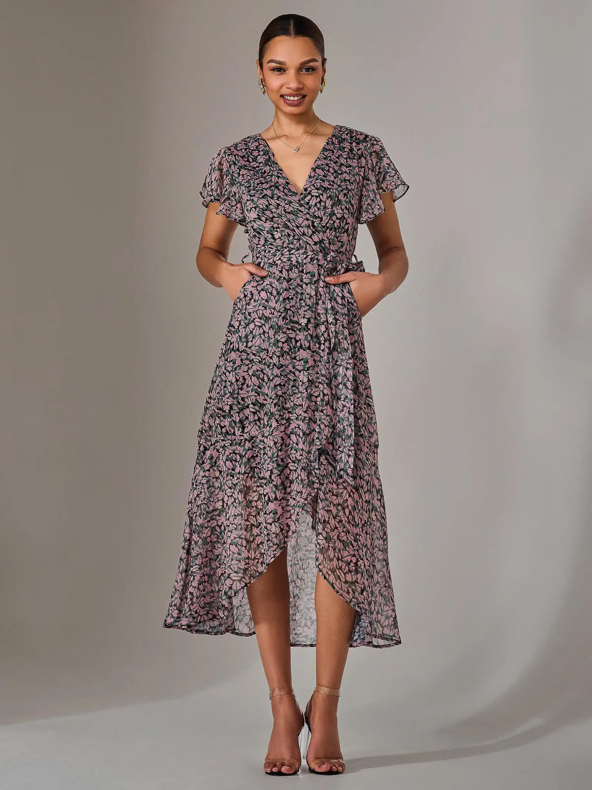 Chiffon Wrap Midi Dress, Pink Pattern