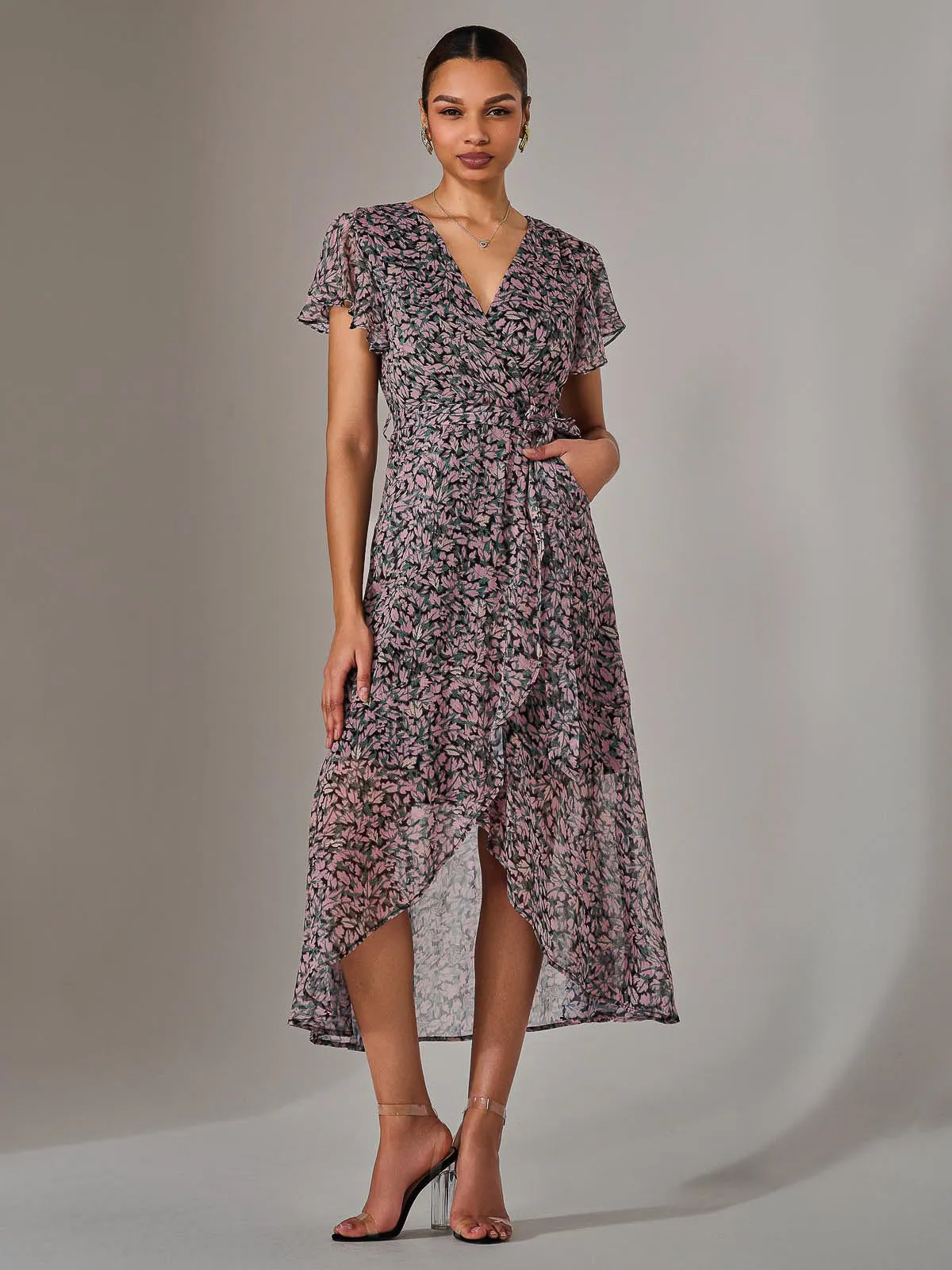 Chiffon Wrap Midi Dress, Pink Pattern