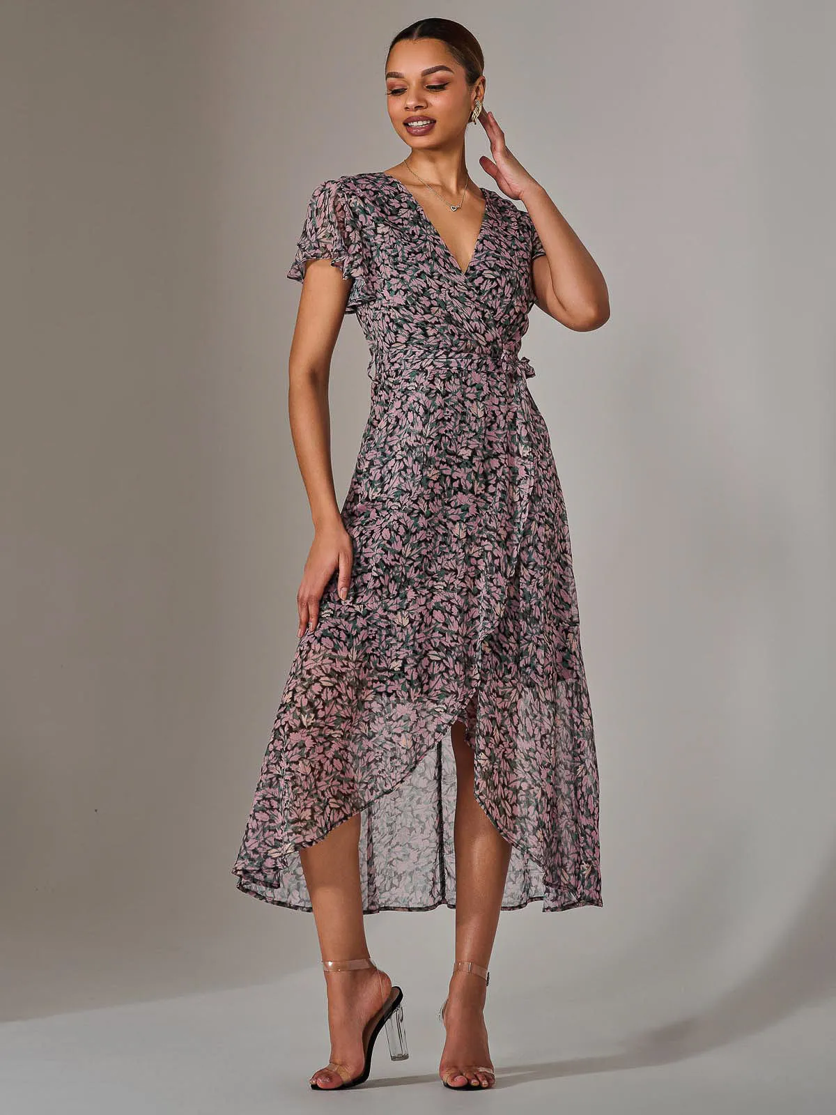 Chiffon Wrap Midi Dress, Pink Pattern