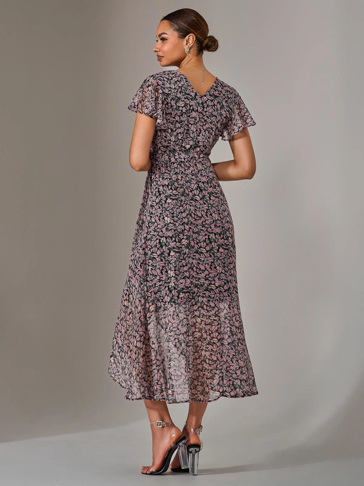 Chiffon Wrap Midi Dress, Pink Pattern