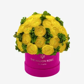 Classic Hot Pink Suede Box | Yellow Persian Buttercups & Green Hydrangeas