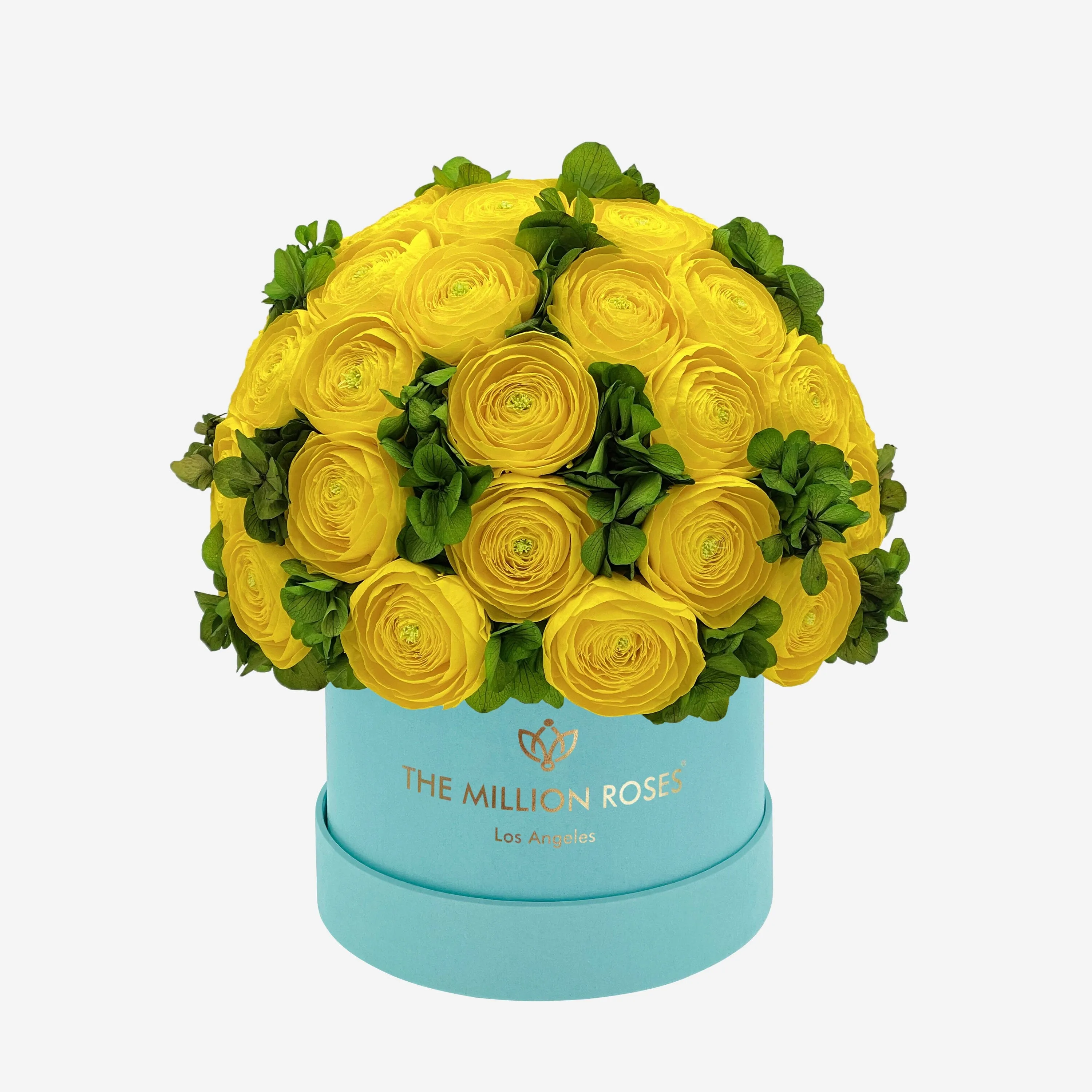 Classic Mint Green Suede Box | Yellow Persian Buttercups & Green Hydrangeas