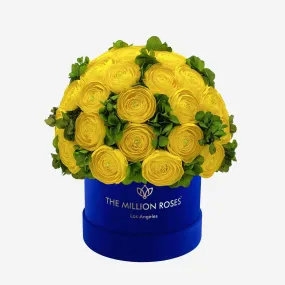 Classic Royal Blue Suede Box | Yellow Persian Buttercups & Green Hydrangeas