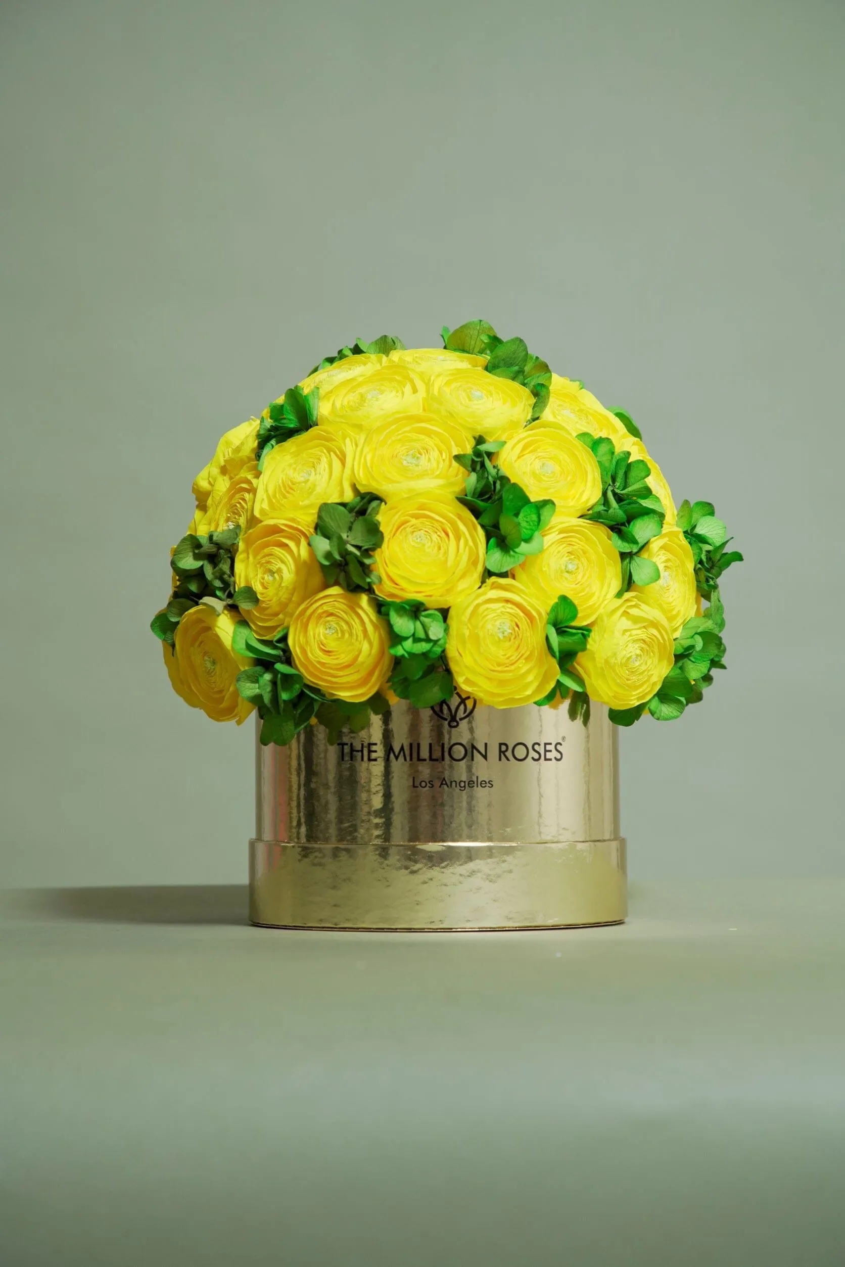 Classic Royal Blue Suede Box | Yellow Persian Buttercups & Green Hydrangeas