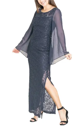 Connected Apparel Scoop Neck Chiffon Long Sleeve Slit Side Sequined Lace Dress