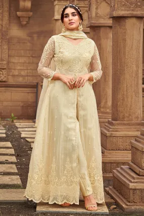 Cream Heavy Butterfly Net Beautiful Anarkali Suit